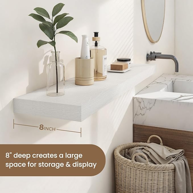 Dreamland 36 Inches Floating Shelves for Wall, 8" Deep Long Floating Shelves Set of 2, Large Display & Storage Shelf, Wall Shelf for Bathroom Bedroom Living Room Kitchen Office, White