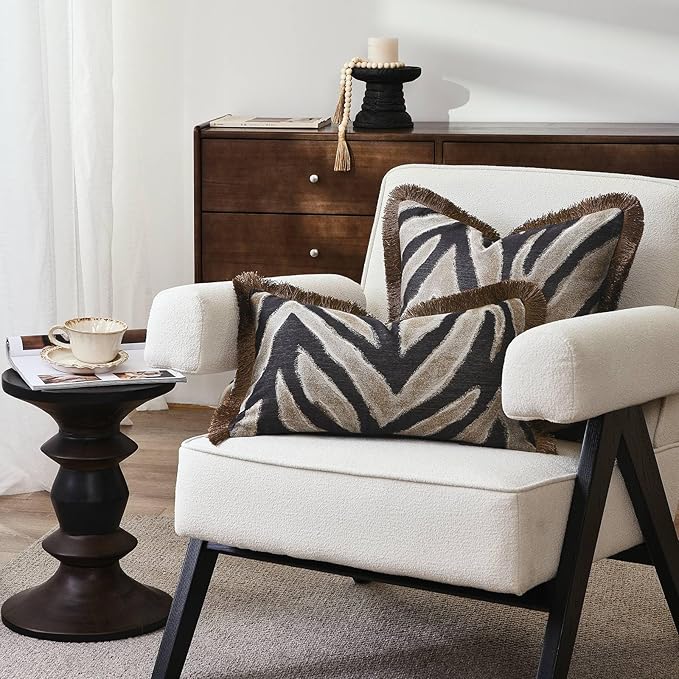 Designer Zebra Throw Pillow Cover with Brown Fringe, Luxury Zebra Pattern Jacquard Design Decorative Pillow Cover for Modern & Classic Home Decor,18x18 Inch (Single Pack)
