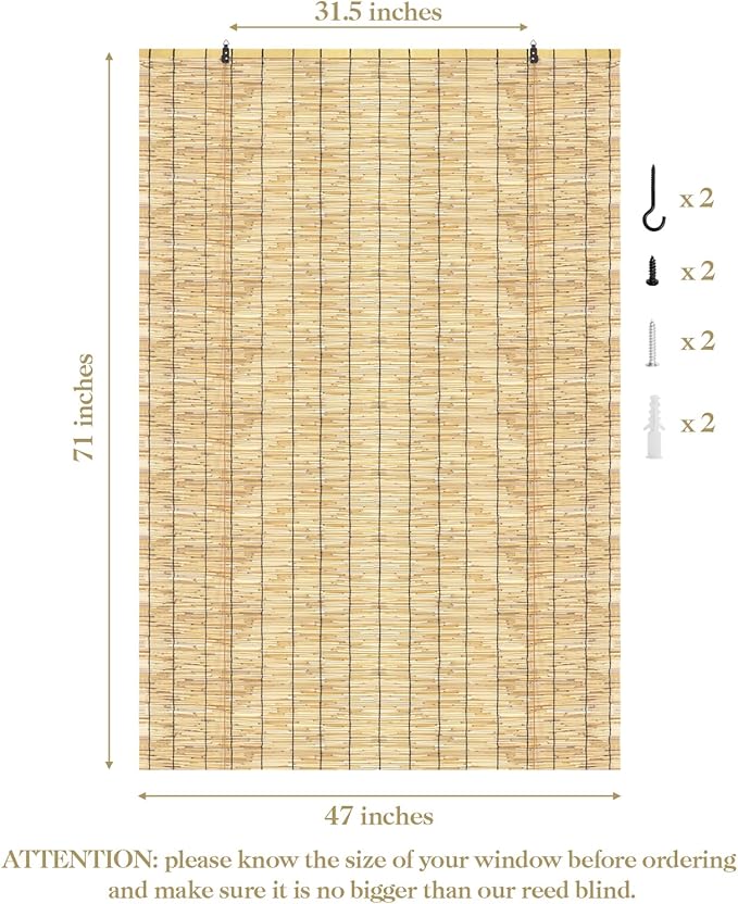 Bamboo Roll Up Shades 2 Pack, Reed Roller Blinds 47" W x 71" H, Natural Light Filtering Window Blinds for Indoor Outdoor Patio Porch Garden