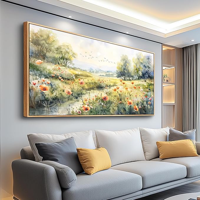 XIGUANGART Canvas Wall Art for Living Room Wildflower Pastoral Scenery Paintings Large Framed Wall Decor Meadow Abstract Pictures Rustic Floral Art Print for Bedroom Office Modern Artwork Decorations