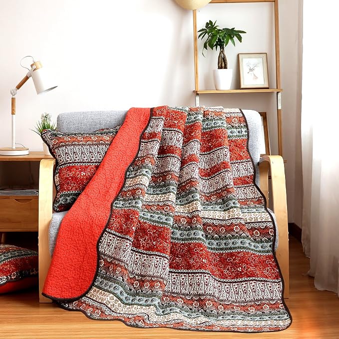 NEWLAKE Quilt Throw Blanket with Classical Floral Patchwork, Orange Jacquard, 60X78 Inch
