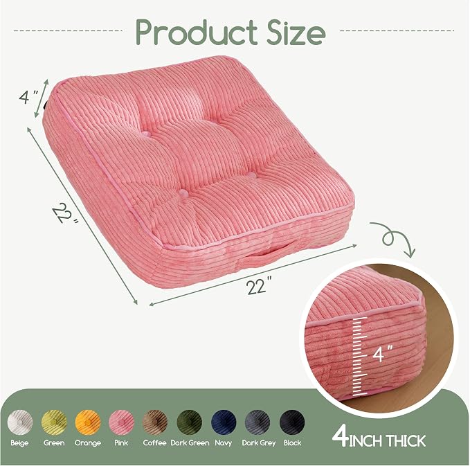 HIGOGOGO Floor Pillow Cushion for Adults, Meditation Cushion Pillow, Large Square Floor Sitting, Tufted Corduroy Cover, for Tatami Living Room or Yoga, 22x22 Inch, Pink