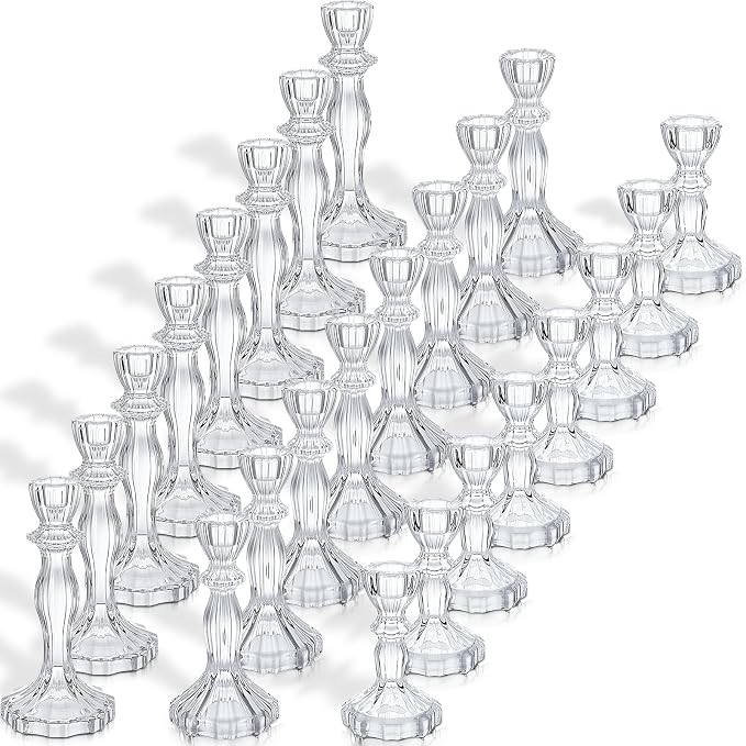 Mumufy 24 Pack Glass Taper Candle Holders Clear Candlestick Holder Fit 0.8 Inch Candles 4'' 6'' 8'' Tall Crystal Decorative Candlestick Stand Centerpiece for Table Wedding Dining Party (Classic)