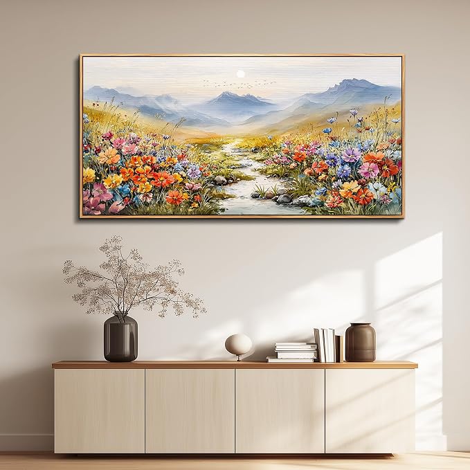 XIGUANGART Floral Wall Art, Large Framed Wall Art, Flower Pictures Wall Decor, Colorful Wildflowers Art Prints, Mountain Nature Landscape Paintings for Living Room Bedroom Kitchen Farmhouse 20"x40"