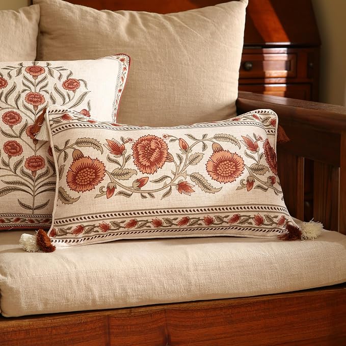 ISAENNE Designer French Linen Throw Pillow Cover,Set of 2,20"x12"-Albano C | Elegant Rectangle Pillow Cover,Concealed Zipper Design,Floral Pattern,Sofas,Bedroom,Living Room,Lounge Chairs,Decor