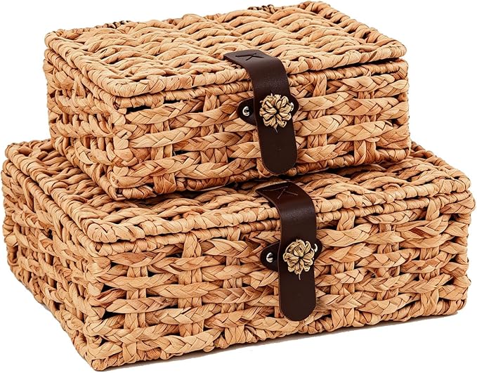 Set of 2 Water Hyacinth Wicker Storage Baskets with Lid | Rectangular woven decorative bins for shelf desktop home organization decor