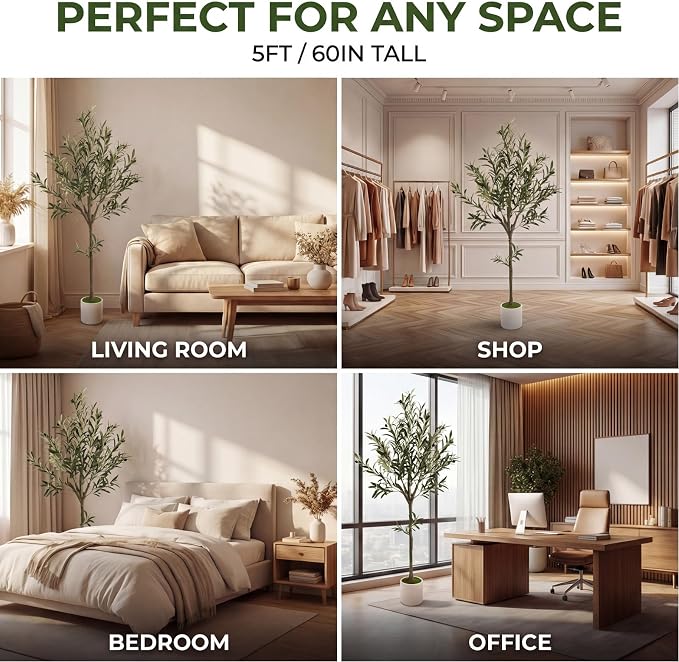 5ft Fake Olive Tree Artificial Indoor,Faux Olive Tree with Pot,Large Olive Branches and Lifelike Fruits,for Home Office House Living Room Decor.