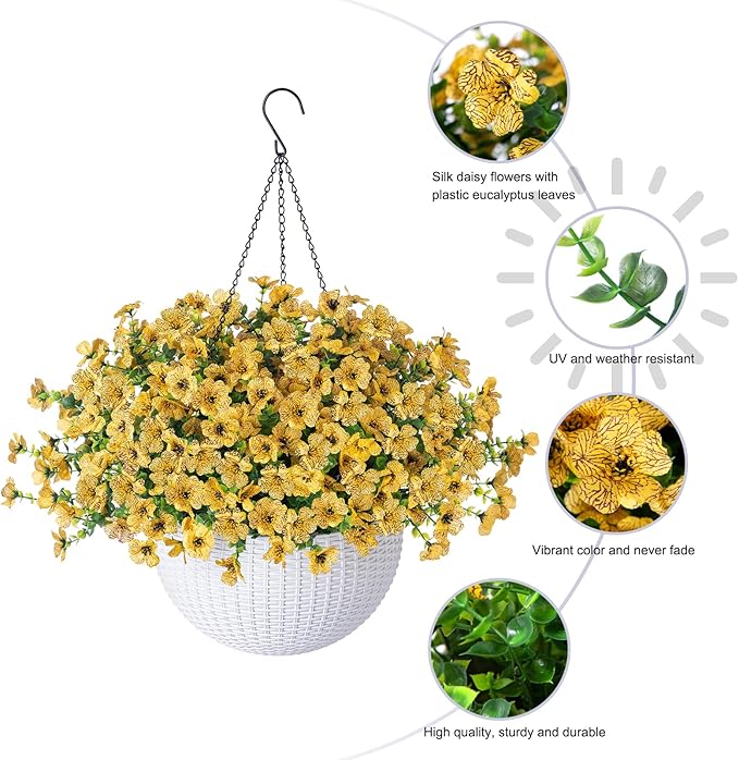 HyeFlora Artificial Faux Fall Hanging Mums Plants Flowers Basket for Outdoor Outside, Autumn Fake Silk Yellow Daisy UV Resistant Realistic for Porch Patio Balcony Home Yard Decoration