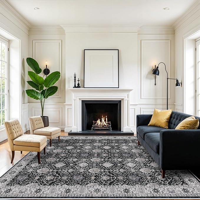 Washable 8x10 Living Room Rug: Vintage Low Pile Water Resistant Area Rug with Non-Slip Backing for Bedroom Dining Room Distressed Carpet for Nursery Indoor Soft Floor Mat for Home Office (8x10 Black)