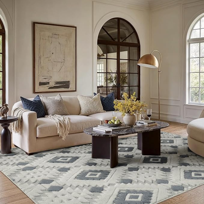 PureCozy Moroccan 5x7 Area Rug for Living Room Blue Grey Washable Checkered Shag Bedroom Carpet Non Slip Soft Neutral Boho Modern Throw Rug for Office Kitchen Dining Room Nursery