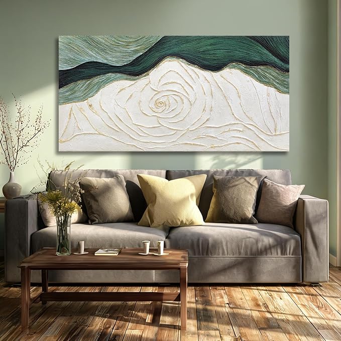 Dolidoteart Canvas Wall Art, Green Abstract Wall Art Print with Textured Hand-Painted Look, Sage Green Cream Gold Horizontal Artwork for Office Living Room Bedroom, 24x48 Inch