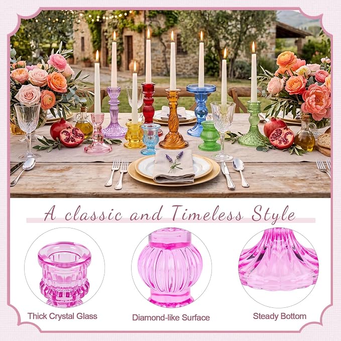 Mumufy 10 Pcs Glass Crystal Taper Candle Holders Clear Glass Candlestick Holder Fit 0.8 Inch Candles Crystal Decorative Candle Stand Centerpiece Table Wedding Dining Party (Classic,Colorful)