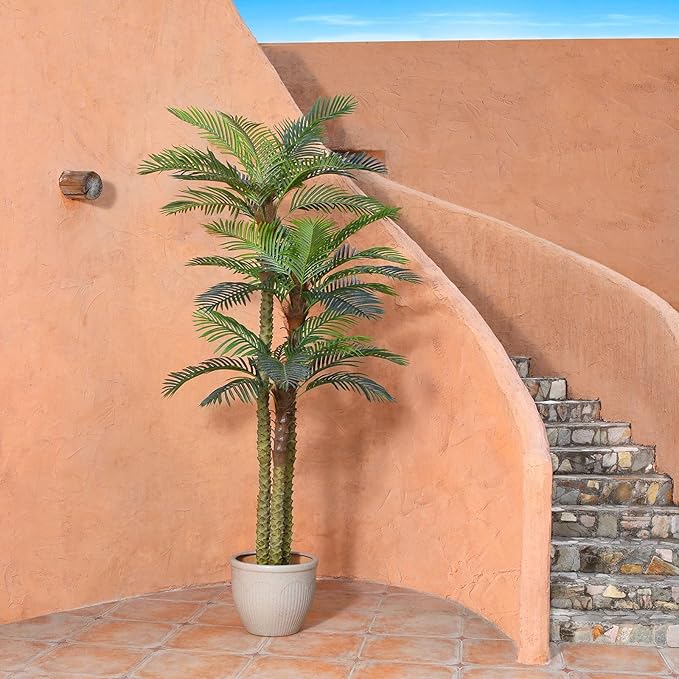 SOGUYI 10ft Outdoor Artificial Palm Tree - UV Resistant Tall Fake Tropical Golden Cane Plant for Patio, Poolside, Lawn, Indoor Decor - Large Faux Palm Tree, Set of 1