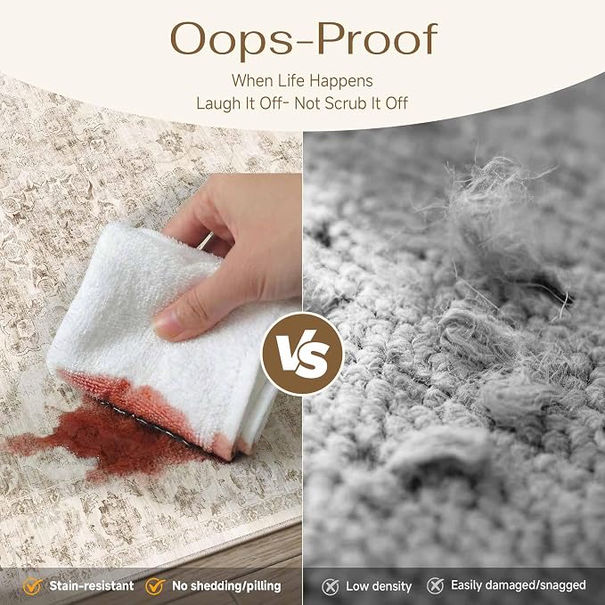 2'6x12 Washable Neutral Runner Rug Beige Vintage Hallway Kitchen Carpet Non-Slip Soft Low Pile Farmhouse Throw Rug for Bedroom Bathroom Laundry Living Room