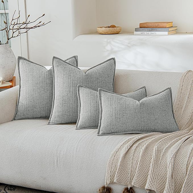 a moment Linen Pillow Covers Set of 2,Boho Farmhouse Throw Pillowcases Neutral Textured Decorative Covers for Couch Sofa,Soft Linen Blend Accent Case Cushion Living Room Home Decor 22"x22"Sky Gray