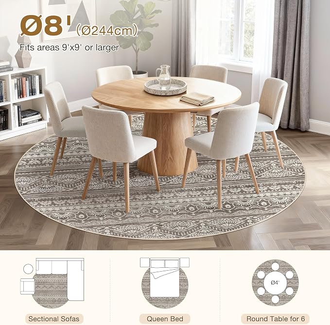 Tortania 8' Round Area Rug Living Room Rugs - Washable Large Soft Neutral Boho Moroccan Bohemian Farmhouse Rug Indoor Floor Carpet for Bedroom Under Dining Table Home Office Decor - Dark Brown