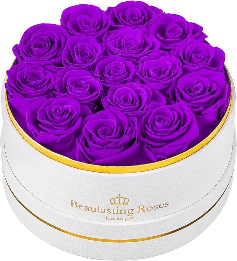 16 Preserved Roses Forever Flowers Real Roses in a Box Mother's Day Birthday Flowers for Her Mom Women Wife Valentine's Day, Purple Roses