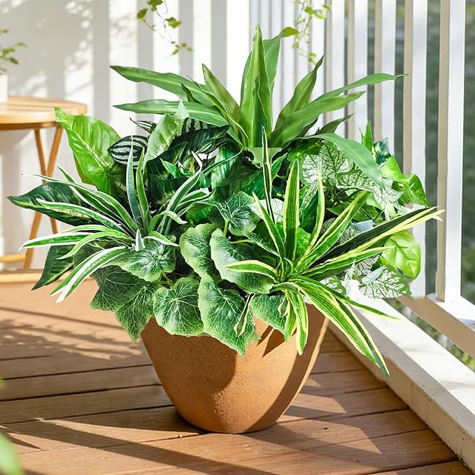 Artificial Plants for Outdoors Faux Greenery Leaves UV Resistant Realistic Plastic Large Bunches Shrubs Bushes with Stems, Fake Plants Decor Outdoor for Front Porch Door Patio Garden Yard, 9Pcs