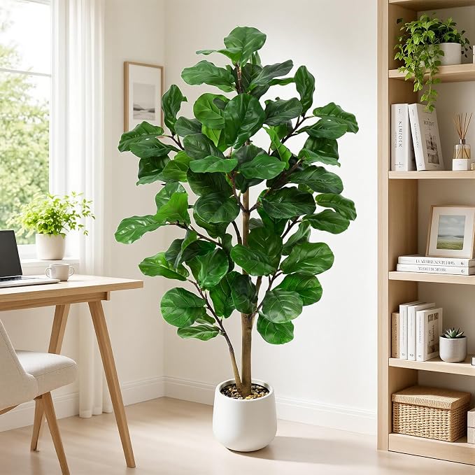 Faux Fiddle Leaf Fig Tree 5ft Tall Indoor Fake Tree in White Pot with 70 Leaves Artificial Ficus Lyrata House Plant for Indoor Home Office Bedroom Living Room Decor Perfect Housewarming Gift