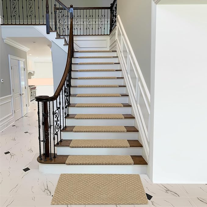PURE ERA Bullnose Carpet Stair Treads Set Tape Free Non-Slip Indoor Stair Protectors Pet Friendly Rugs 9.5" x 30"(7 Pieces,Khaki Mini-Diamond Trellis)