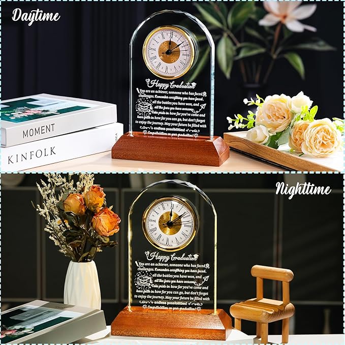 Arikyrist Glass Clock Graduation Gifts for Women Men with Wooden Light Base Class of 2026 Graduation Keepsakes for Her Him Inspirational Gifts Idea for College High School PHD Masters Degree