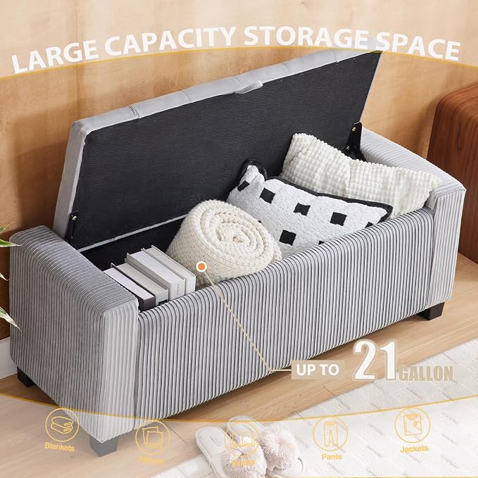 43" Ottoman Bench with Storage for Bedroom, Comfort Upholstered End of Bed Storage Bench with Safety Hinges, Sturdy Wooden Footstool & Shoe Bench for Living Room, Entryway (Grey)