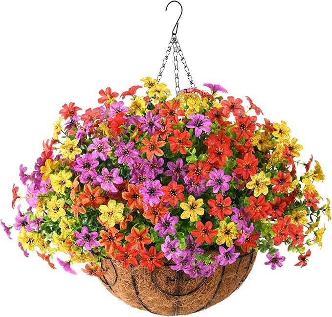Artificial Flowers Fake Hanging Basket for Outdoor Spring Summer Decoration, 12 Bundles Faux Hanging Plants UV Resistant, Realistic Silk Flower for Outside Planters Porch Patio Balcony Yard Garden