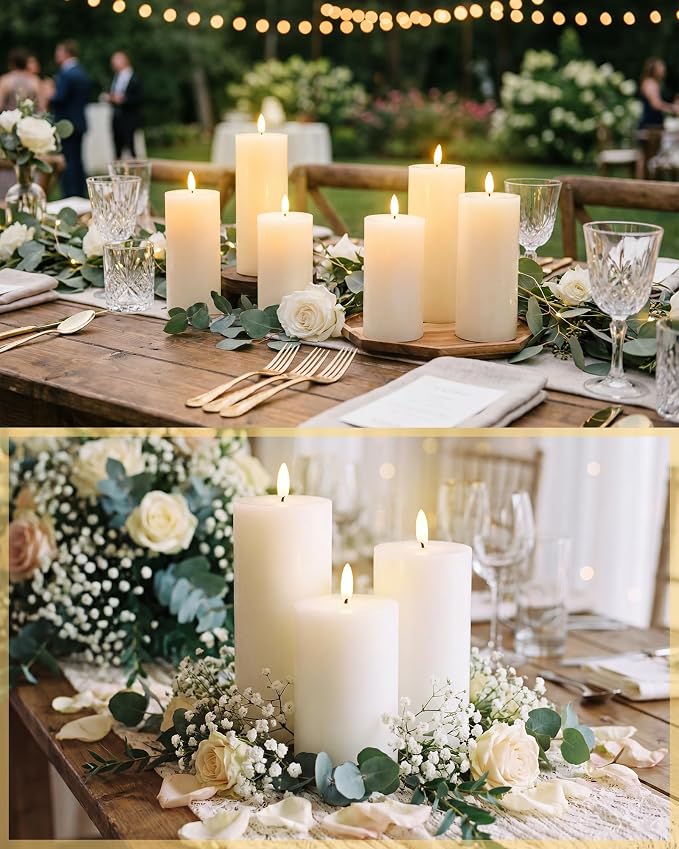 VIHOSE 6 Pack Lvory White Flameless Candles Set with Remote and Timer Flickering Flameless Battery Candles Flat Top LED Pillar for Wedding Outdoor Home Festival Decoration(D 3'' H 6'' 7'' 8'')