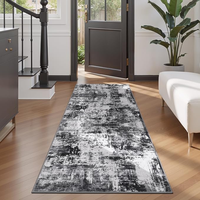 Rugflix 2x6 Runner Rug for Entryway, Kitchen Rugs Soft Non-Slip Washable Runners for Hallway, Abstract Small Carpet with Non-Slip Backing for Bedroom, Living Room, Black Grey