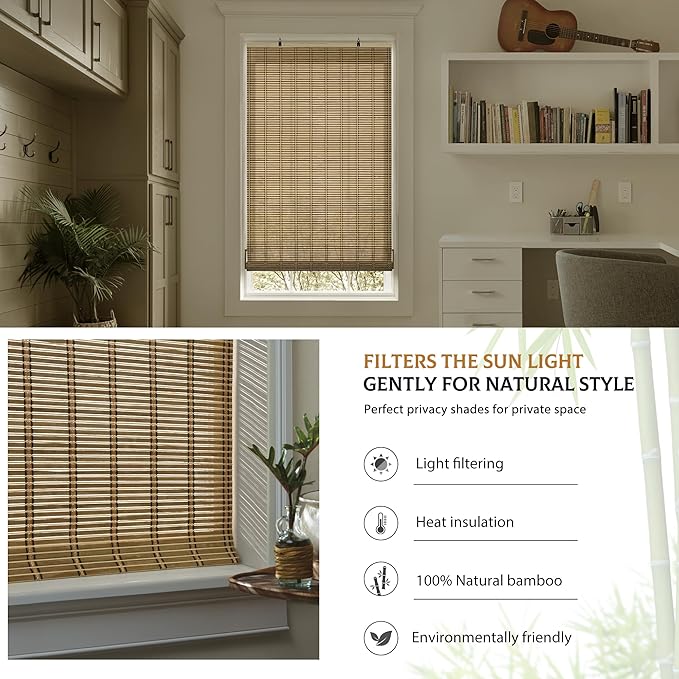 LazBlinds Cordless Bamboo Blinds, 23"x64", Natural | Bamboo Roll Up Shades for Windows, Light Filtering Hanging Window Blinds, Bamboo Shades for Patio Indoor/Outdoor Porch