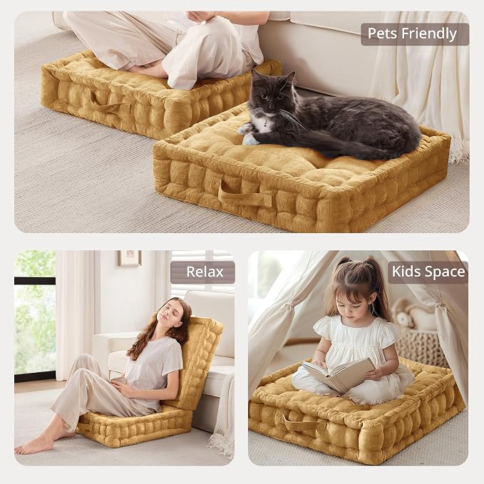 Intelligent Design Azza Floor Pillow, Large Cushions Sitting for Adults, Floor Pillow for Meditation or Yoga, Lustrous Chenille Tufted with Scalloped Edges for Bench/Chair Cushion, 24"x24"x5" Yellow