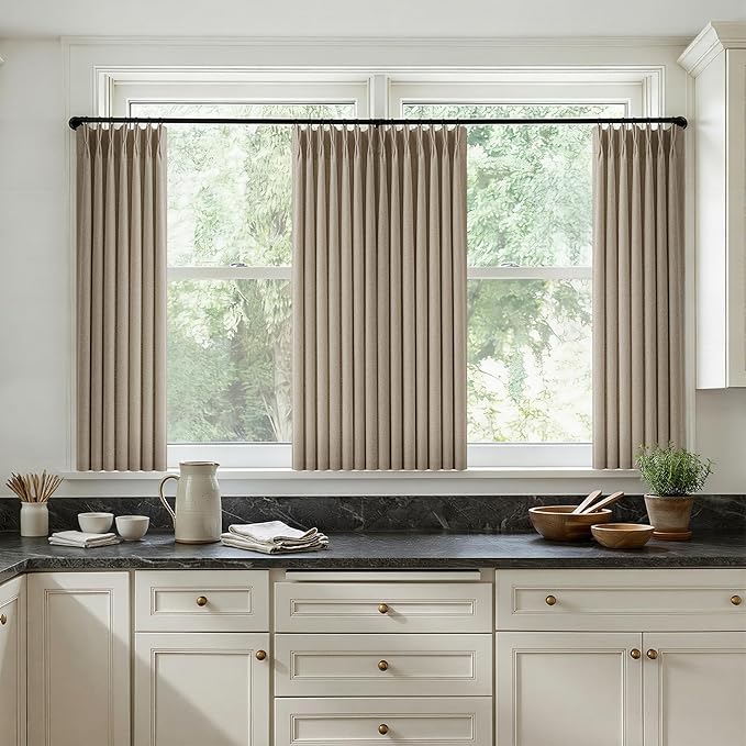36 Inch Pleated Linen Curtains 36 Inch Length 2 Panel Set Memory Trained Pinch Pleated Privacy Semi Sheer Light Filtering Short Kitchen Window Curtain Thick Dark Flax Taupe Mini Cafe Small Drapes