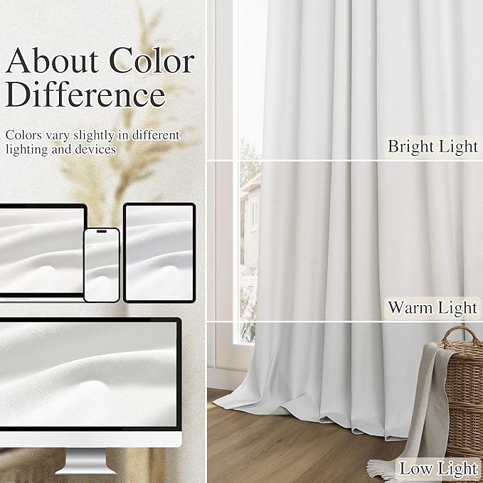 Guken White 100% Blackout Linen Curtains 96 Inch Length 2 Panels Set for Living Room Bedroom Back Tab Rod Pocket Thermal Insulated Black Out Drapes Room Darkening Farmhouse Window Curtains 52x96