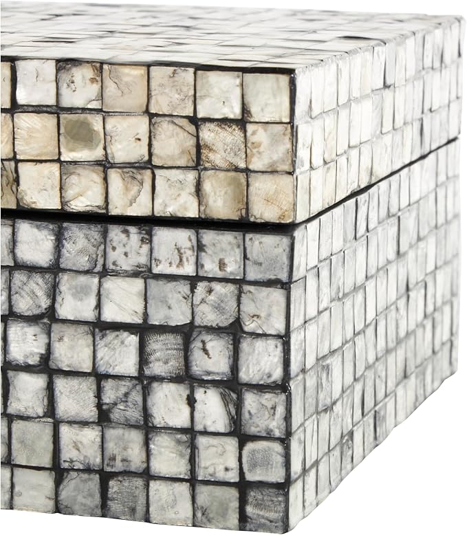 Deco 79 Mother of Pearl Shell Geometric Handmade Decorative Box Square Mosaic Storage Decorative Keepsake Box with Beige Accents, Set of 2 Storage Box 12", 8"W, Gray