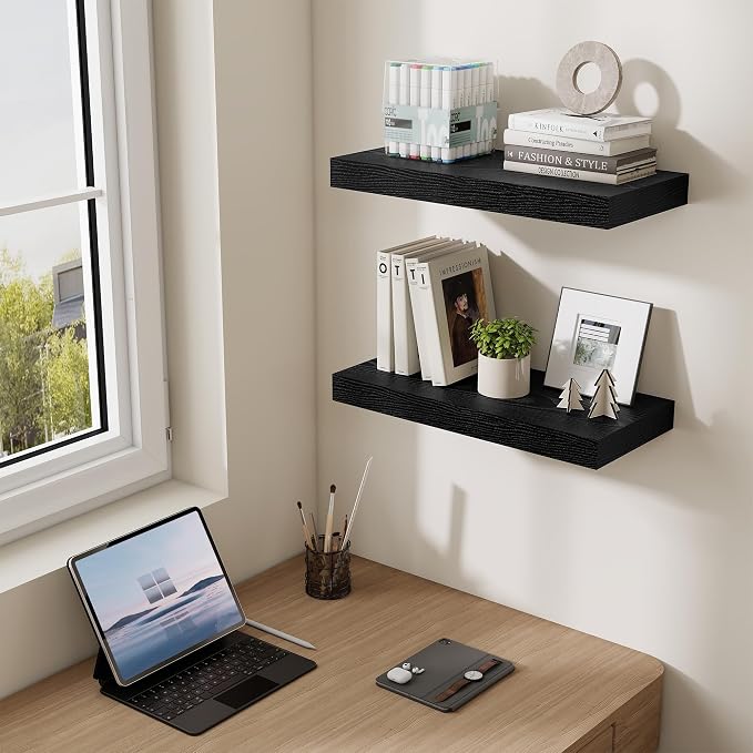 Dreamland 20Inch Black Floating Shelves 6.7" Deep Wall Mounted Set of 2 | Wall shelves for bathroom, bedroom, Living Room, kitchen, deep wall mount wood storage display for home decor 20" x 6.7"