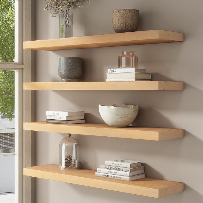 FLYJOE Floating Shelves for Wall, USA-Sourced Beech Wood 55 Inch Long Wall Shelves, Natural Wooden Mounted Picture Ledge Shelf, Nursery Book Storage Shelf Kids Bookshelf, Display Shelf for Bathroom