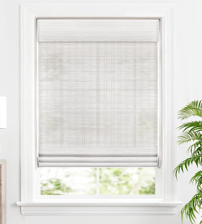 LazBlinds Custom Size Cordless Bamboo Roman Shades, Ceylon Vintage White | Natural Light Filtering Bamboo Window Blinds, Bamboo Blinds for Bedroom Living Room Office Indoor