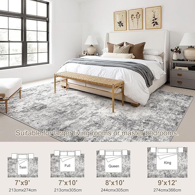 UERMEI 8x10 Area Rug Living Room Rugs - Washable Neutral Modern Abstract Soft Thin Rug Indoor Floor No Slip Rug Carpet for Bedroom Under Dining Table Home Office Decor - Grey