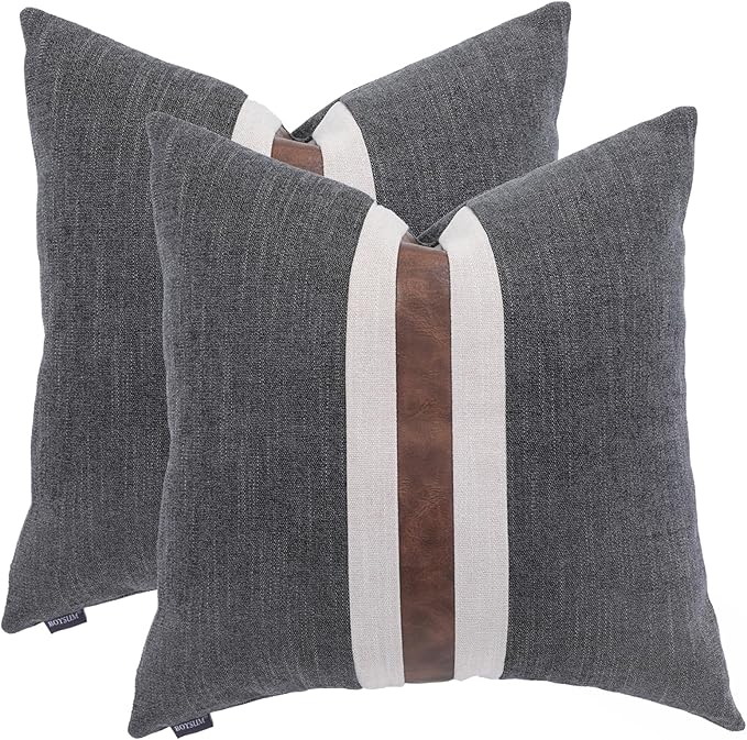 BOYSUM Set of 2 Leather Throw Pillow Covers Cotton Linen Decor Patchwork Pillow Cover Faux Leather Pillows Cover for Couch Sofa Living Room Bedroom,Black 22"x22"