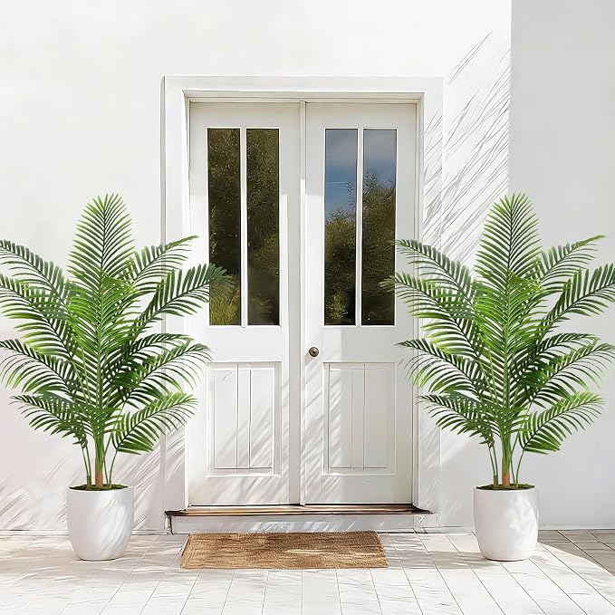 Artificial Palm Tree Indoor Plant 5FT Tall Fake Tropical Palm Tree in Pot, Real Bark Design Faux Areca Palm Tree for Home Office Living Room Bedroom Farmhouse Modern Outdoor Topiary Tree