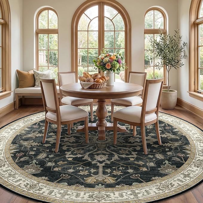 RELEANY Area Rugs Round 8ft Washable Non-Slip, Floral Vintage Distress Print Pattern Medallion Carpet for Living Room Bedroom Dining Room, Vintage Black Brown Neutral
