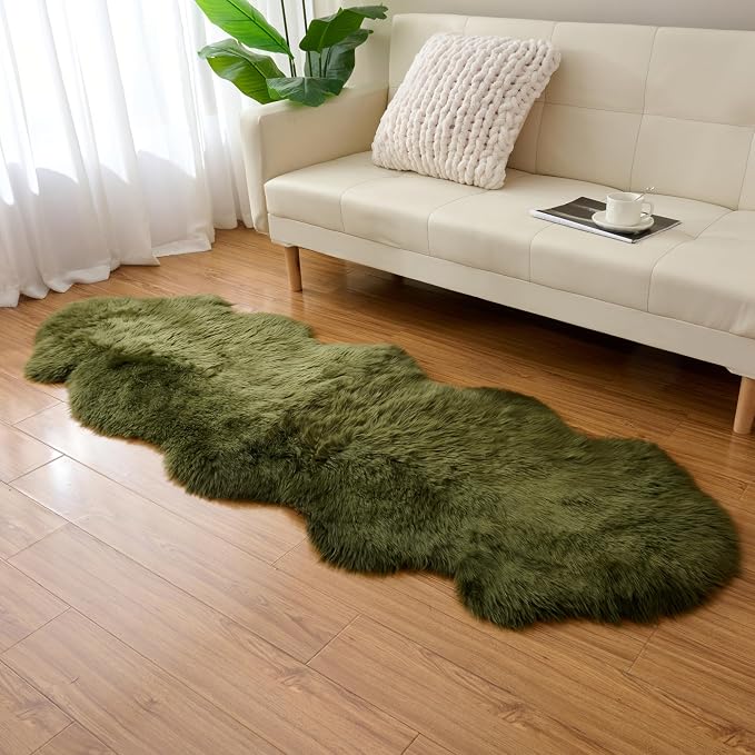 Premium Genuine Sheepskin Area Ruge - Real Wool Fur Shaggy Carpet | Fluffy Soft Natural Lambskin Rug Seat Chair Covers for Couch Sofa Bedroom Living Room(Dark Green,2×6 Feet Sheepskin)