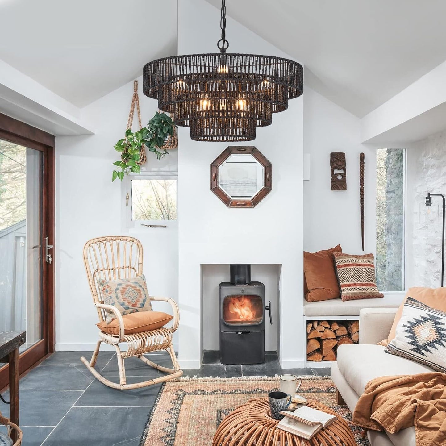 20” Hand-Woven Rattan Chandelier 6-Lights Transitional Minimalist 4 Round Boho Large Pendant Light for Kitchen Island Dining Room Living Room Hallway, Matte Black, UL Listed