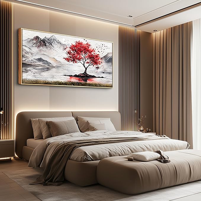 QIYILEXWART Wood Framed Canvas Wall Art For Living Room Wall Decor For Bedroom Office Wall Decorations Red Tree Painting Farmhouse Pictures Artwork Room Aesthetic Home Decor