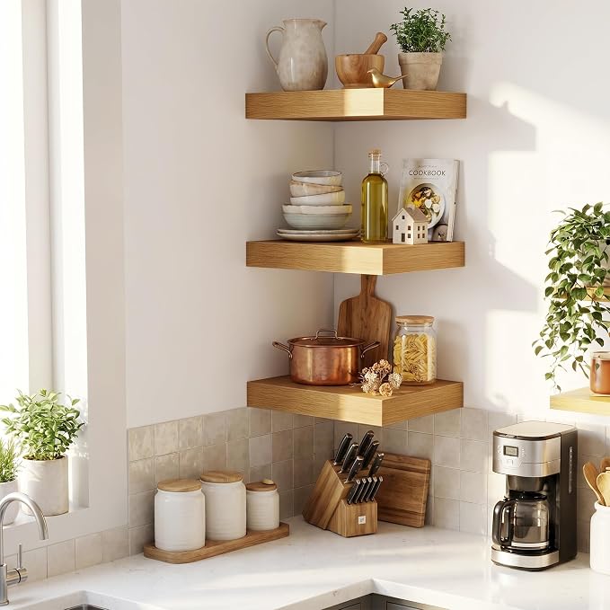 Fun Memories Wood Floating Shelves 20 Inch, 12 Inch Deep Shelves Wall Mount, Wall Shelves with Invisible Bracket, 20" Floating Shelves for Living Room Bathroom Bedroom, Oak, Set of 2