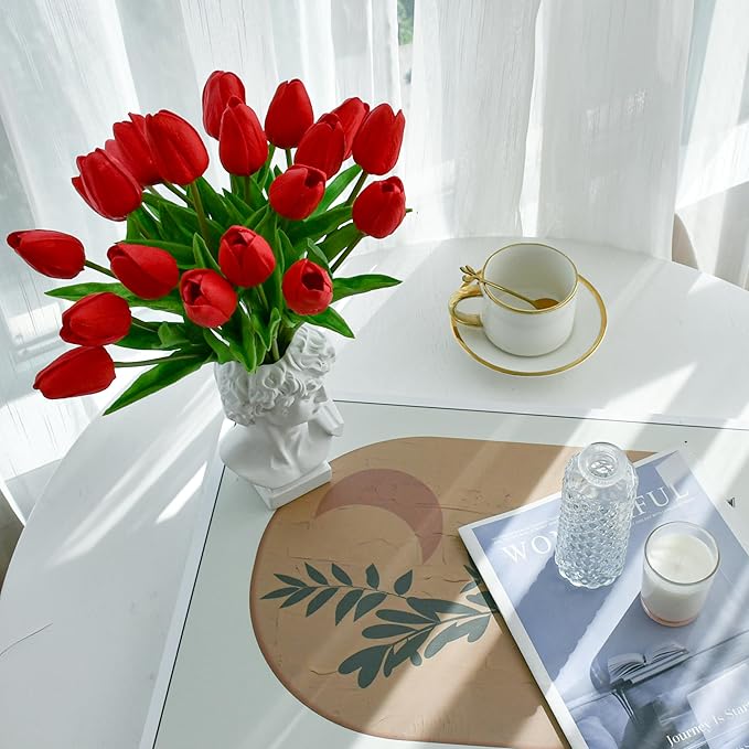 Mandy's Red Artificial Tulips Flowers Centerpiece, 13.5" Lifelike PU Fake Floral Stems 20pcs for Kitchen Island & Dining Table, Spring Decor for Easter