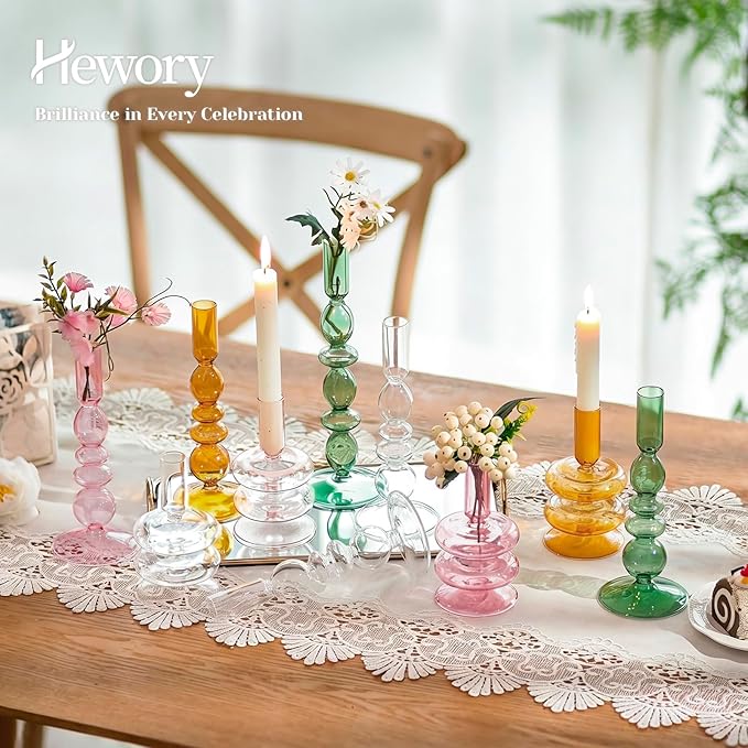 Hewory Glass Candlestick Holders: Light Amber Glass Taper Candle Holders Set of 3 Vintage Candle Stick Candle Holder, Colorful Glass Candle Holder for Table Centerpiece Wedding Dinner Party Home Decor