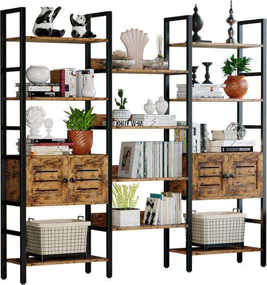 IRONCK Industrial Bookshelf and Bookcase with 2 Louvered Doors 5 Tiers Triple Wide Display Shelf with Storage Cabinet for Living Room Home Office