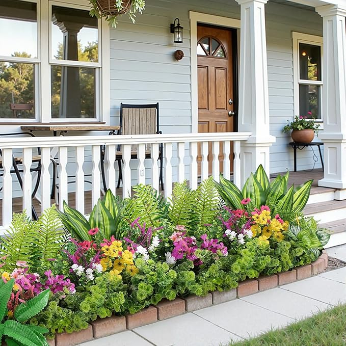 Alupssuc 24 Pcs Artificial Flowers and Plants,UV Resistant & No Fade Fake Plastic Greenery Shrubs for Home Garden, Pathway, Front Porch-Spring Summer Decor, Indoor/Outdoor Use,Rosy Purple Yellow Pink