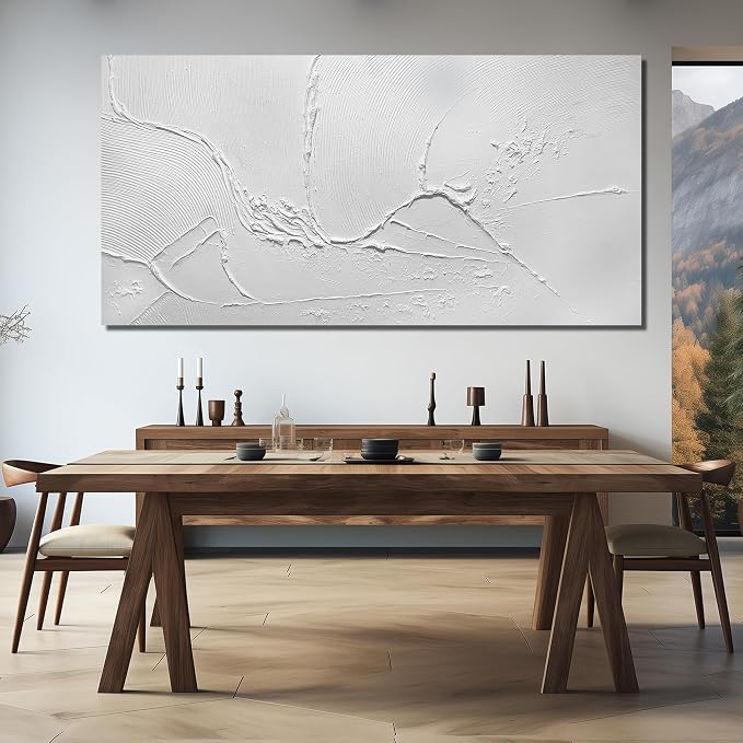THRLVEART Large Paintings for Living Room White Abstract Art Wall Decor for Dining Room Huge Home Ofiice Decor 47 x 95 Inch